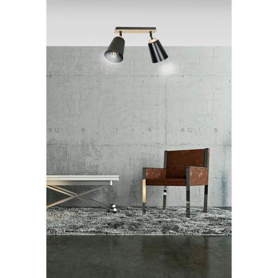 Plafoniera Faretti Spot Orientabili 2 Luci Xiwangmu Acciaio Nero E Legno Naturale LA0162-EB-PL2-NR
