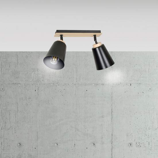Plafoniera Faretti Spot Orientabili 2 Luci Xiwangmu Acciaio Nero E Legno Naturale LA0162-EB-PL2-NR