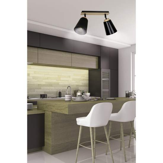 Plafoniera Faretti Spot Orientabili 2 Luci Xiwangmu Acciaio Nero E Legno Naturale LA0162-EB-PL2-NR
