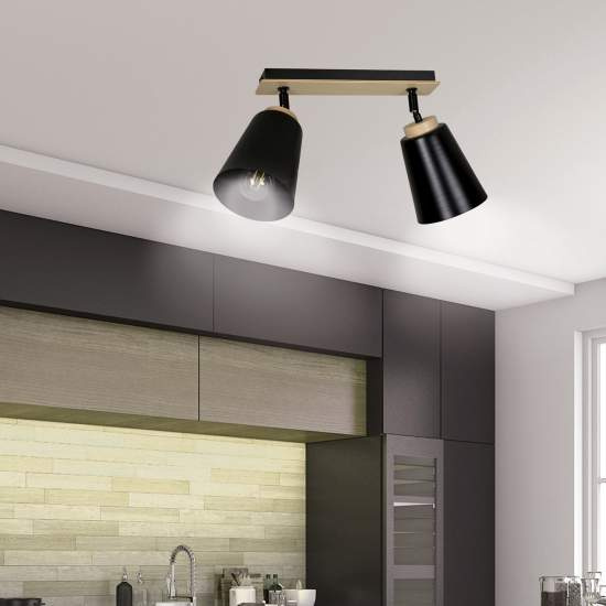 Plafoniera Faretti Spot Orientabili 2 Luci Xiwangmu Acciaio Nero E Legno Naturale LA0162-EB-PL2-NR