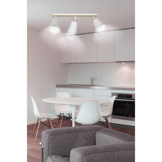 Plafoniera Spot Faretti Orientabili 3 Luci Xiwangmu Acciaio Bianco E Legno Naturale LA0162-EB-PL3-BI