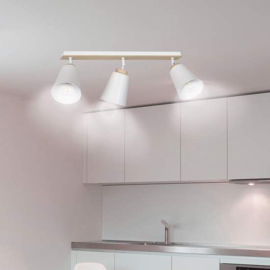 Plafoniera Spot Faretti Orientabili 3 Luci Xiwangmu Acciaio Bianco E Legno Naturale LA0162-EB-PL3-BI
