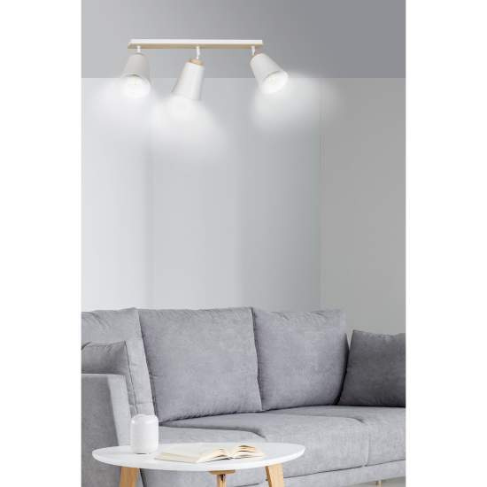 Plafoniera Spot Faretti Orientabili 3 Luci Xiwangmu Acciaio Bianco E Legno Naturale LA0162-EB-PL3-BI