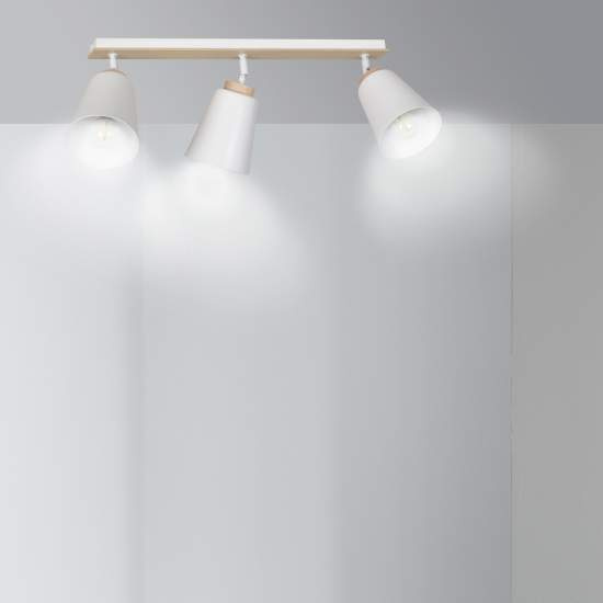 Plafoniera Spot Faretti Orientabili 3 Luci Xiwangmu Acciaio Bianco E Legno Naturale LA0162-EB-PL3-BI