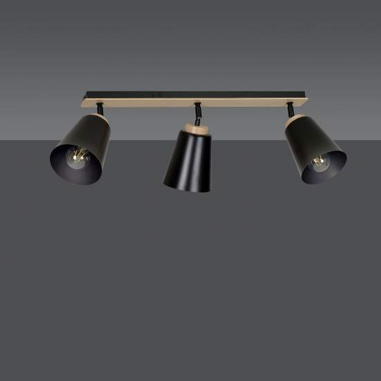 Plafoniera Faretti Spot Orientabili 3 Luci Xiwangmu Acciaio Nero E Legno Naturale LA0162-EB-PL3-NR