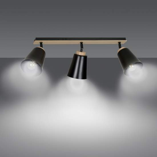 Plafoniera Faretti Spot Orientabili 3 Luci Xiwangmu Acciaio Nero E Legno Naturale LA0162-EB-PL3-NR