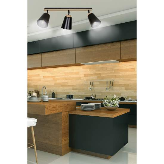 Plafoniera Faretti Spot Orientabili 3 Luci Xiwangmu Acciaio Nero E Legno Naturale LA0162-EB-PL3-NR