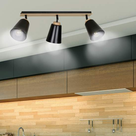 Plafoniera Faretti Spot Orientabili 3 Luci Xiwangmu Acciaio Nero E Legno Naturale LA0162-EB-PL3-NR