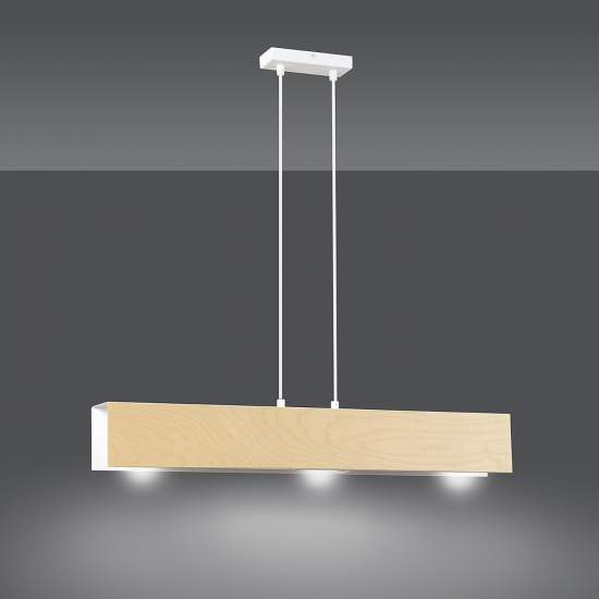 Lampadario 3 Luci Merlino In Acciaio Bianco Corpo Rettangolare E Legno Naturale LA0163-EB-3-BI