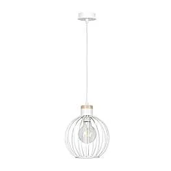 Sospensione 1 Luce Bueno Paralume A Gabbia In Acciaio Bianco E Legno Naturale