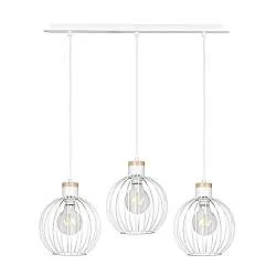 Lampadario 3 Luci Bueno Paralumi A Gabbia In Acciaio Bianco E Legno Naturale