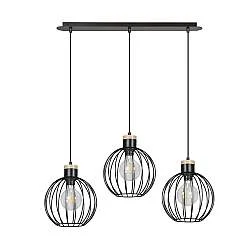 Lampadario 3 Luci Bueno Paralumi A Gabbia In Acciaio Nero E Legno Naturale