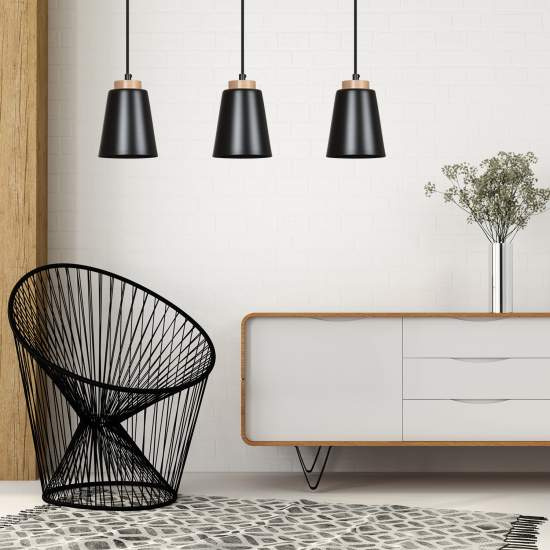 Sospensione 1 Luce Lancillotto A Cono In Acciaio Nero E Legno Naturale LA0166-EB-1-NR