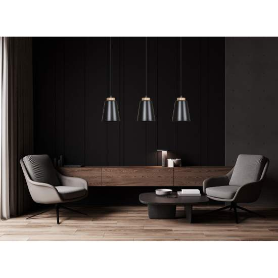 Sospensione 1 Luce Lancillotto A Cono In Acciaio Nero E Legno Naturale LA0166-EB-1-NR