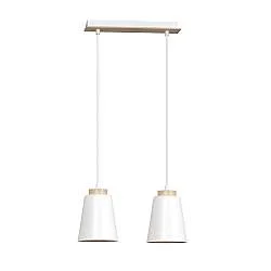 Lampadario 2 Luci Du Lac Con Paralumi A Cono In Acciaio Bianco E Legno Naturale