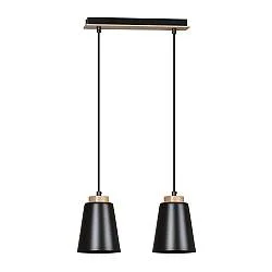 Lampadario 2 Luci Du Lac Con Paralumi A Cono In Acciaio Nero E Legno Naturale