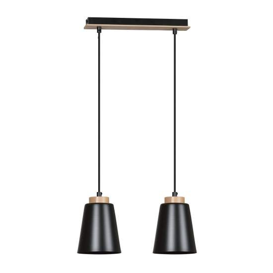 Lampadario 2 Luci Lancillotto Con Paralumi A Cono In Acciaio Nero E Legno Naturale LA0166-EB-2-NR