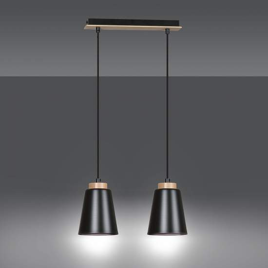 Lampadario 2 Luci Lancillotto Con Paralumi A Cono In Acciaio Nero E Legno Naturale LA0166-EB-2-NR
