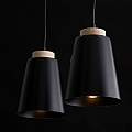 Lampadario 2 Luci Lancillotto Con Paralumi A Cono In Acciaio Nero E Legno Naturale LA0166-EB-2-NR