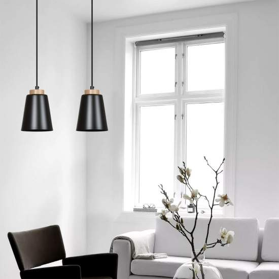 Lampadario 2 Luci Lancillotto Con Paralumi A Cono In Acciaio Nero E Legno Naturale LA0166-EB-2-NR
