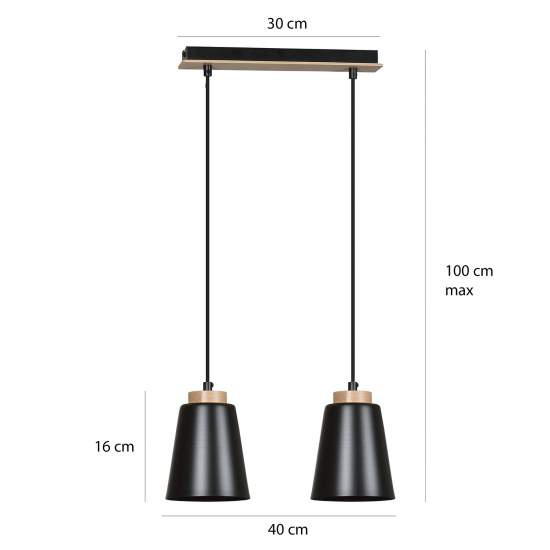 Lampadario 2 Luci Lancillotto Con Paralumi A Cono In Acciaio Nero E Legno Naturale LA0166-EB-2-NR