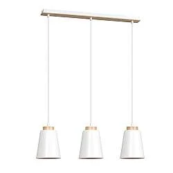Lampadario 3 Luci Du Lac Con Paralumi A Cono In Acciaio Bianco E Legno Naturale
