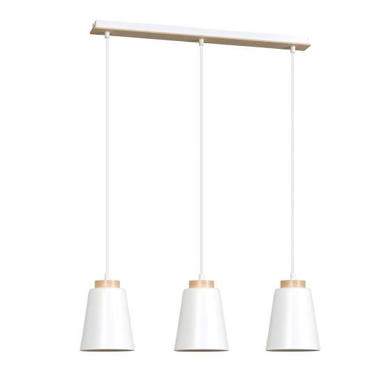 Lampadario 3 Luci Lancillotto Con Paralumi A Cono In Acciaio Bianco E Legno Naturale LA0166-EB-3-BI