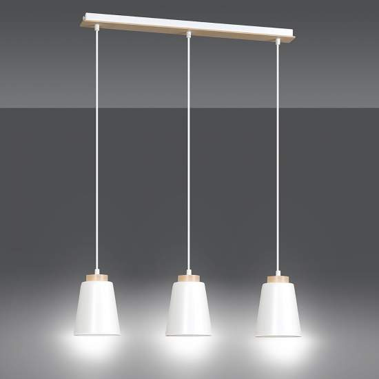 Lampadario 3 Luci Lancillotto Con Paralumi A Cono In Acciaio Bianco E Legno Naturale LA0166-EB-3-BI