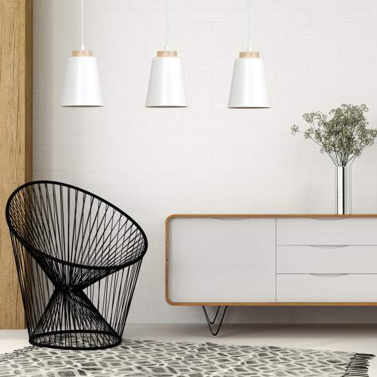 Lampadario 3 Luci Lancillotto Con Paralumi A Cono In Acciaio Bianco E Legno Naturale LA0166-EB-3-BI