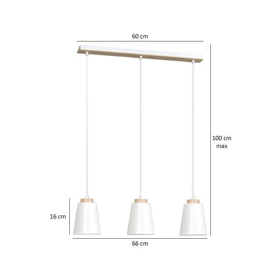 Lampadario 3 Luci Lancillotto Con Paralumi A Cono In Acciaio Bianco E Legno Naturale LA0166-EB-3-BI