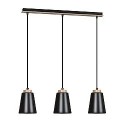 Lampadario 3 Luci Du Lac Con Paralumi A Cono In Acciaio Nero E Legno Naturale