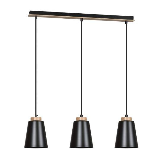 Lampadario 3 Luci Lancillotto Con Paralumi A Cono In Acciaio Nero E Legno Naturale LA0166-EB-3-NR