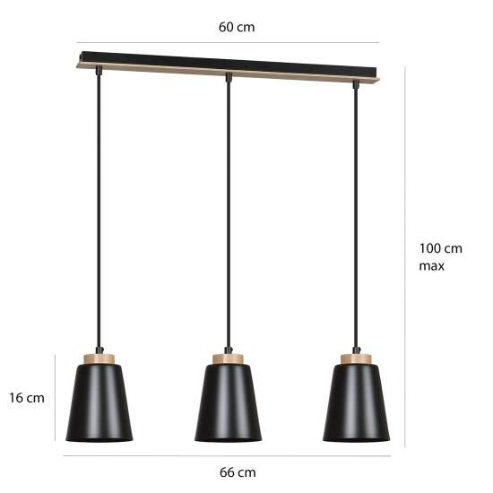 Lampadario 3 Luci Lancillotto Con Paralumi A Cono In Acciaio Nero E Legno Naturale LA0166-EB-3-NR