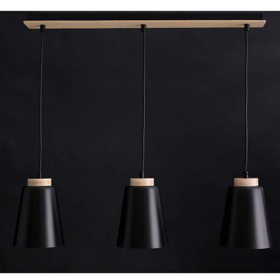 Lampadario 3 Luci Lancillotto Con Paralumi A Cono In Acciaio Nero E Legno Naturale LA0166-EB-3-NR