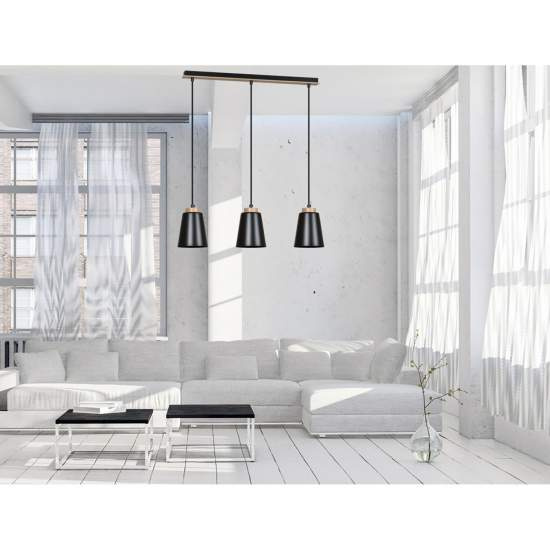 Lampadario 3 Luci Lancillotto Con Paralumi A Cono In Acciaio Nero E Legno Naturale LA0166-EB-3-NR