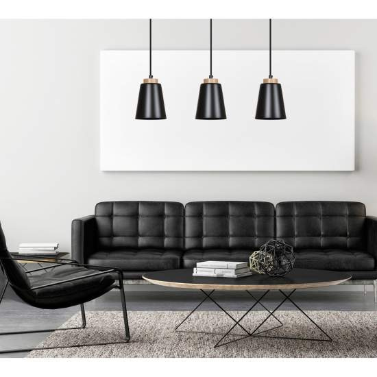 Lampadario 3 Luci Lancillotto Con Paralumi A Cono In Acciaio Nero E Legno Naturale LA0166-EB-3-NR