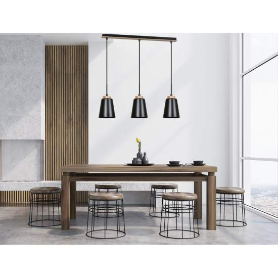 Lampadario 3 Luci Lancillotto Con Paralumi A Cono In Acciaio Nero E Legno Naturale LA0166-EB-3-NR