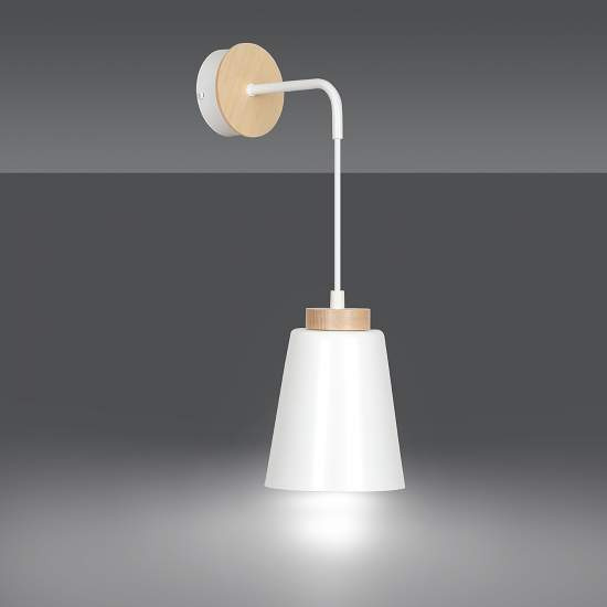 Applique 1 Luce Lancillotto A Cono In Acciaio Bianco E Legno Naturale LA0166-EB-AP1-BI