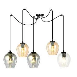 Sospensione 5 Luci Galvano In Acciaio Nero E Vetro Multicolor Con Cavi Lunghi