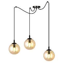 Lampadario 3 Luci Fata In Acciaio Nero Con Cavo Lungo E Vetri Ambra