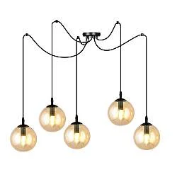 Lampadario 5 Luci Fata In Acciaio Nero Con Cavo Lungo E Vetri Ambra