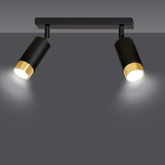 Plafoniera 2 Luci A Faretti Orientabili A Cilindro In Acciaio Nero E Oro LA0174-EB-PL2-NR-OR