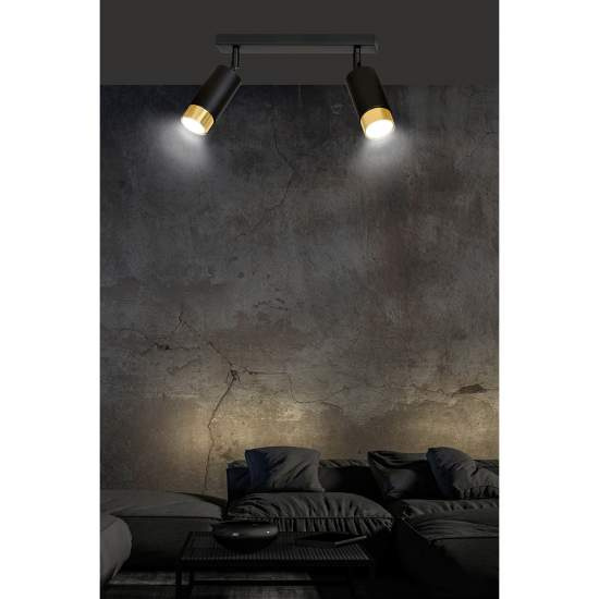 Plafoniera 2 Luci A Faretti Orientabili A Cilindro In Acciaio Nero E Oro LA0174-EB-PL2-NR-OR
