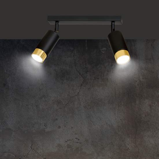 Plafoniera 2 Luci A Faretti Orientabili A Cilindro In Acciaio Nero E Oro LA0174-EB-PL2-NR-OR