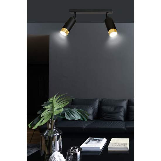 Plafoniera 2 Luci A Faretti Orientabili A Cilindro In Acciaio Nero E Oro LA0174-EB-PL2-NR-OR