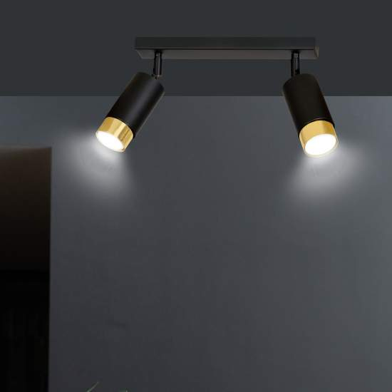 Plafoniera 2 Luci A Faretti Orientabili A Cilindro In Acciaio Nero E Oro LA0174-EB-PL2-NR-OR