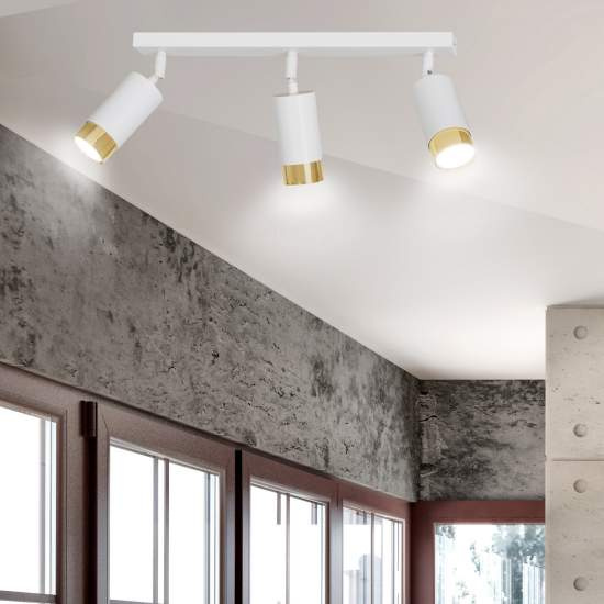 Plafoniera 3 Luci A Faretti Orientabili A Cilindro In Acciaio Bianco E Oro LA0174-EB-PL3-BI-OR