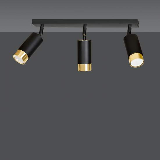 Plafoniera 3 Luci A Faretti Orientabili A Cilindro In Acciaio Nero E Oro LA0174-EB-PL3-NR-OR