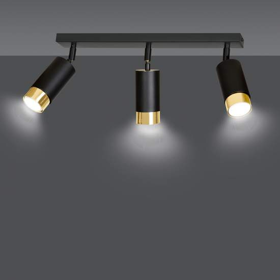 Plafoniera 3 Luci A Faretti Orientabili A Cilindro In Acciaio Nero E Oro LA0174-EB-PL3-NR-OR