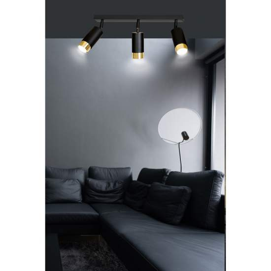 Plafoniera 3 Luci A Faretti Orientabili A Cilindro In Acciaio Nero E Oro LA0174-EB-PL3-NR-OR